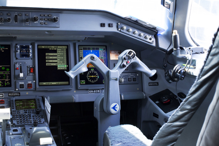 Borispol, Ukraine - August 01, 2018: Inside view of a Embraer ERJ-190 aircraft cockpit. The first officer place.のeditorial素材