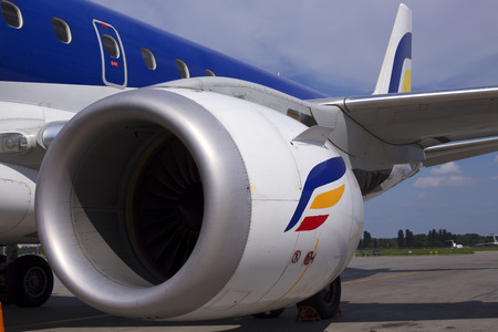Borispol, Ukraine - August 01, 2018: Engine of the modern passenger jet aircraftのeditorial素材