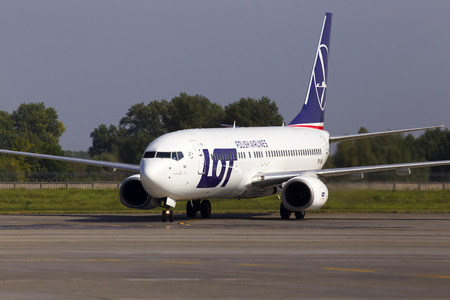 Borispol, Ukraine - September 03, 2018: SP-LWA LOT - Polish Airlines Boeing 737-800 aircraft running to the airportのeditorial素材