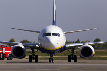 Borispol, Ukraine - September 03, 2018: EF-FZD Ryanair Boeing 737-800 aircraft running on the runway of Borispol International Airportのeditorial素材