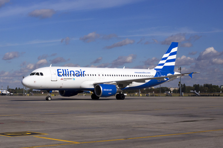 Borispol, Ukraine - October 05, 2018: SX-EMJ Ellinair Airbus A320-200 aircraft on the parking areaのeditorial素材