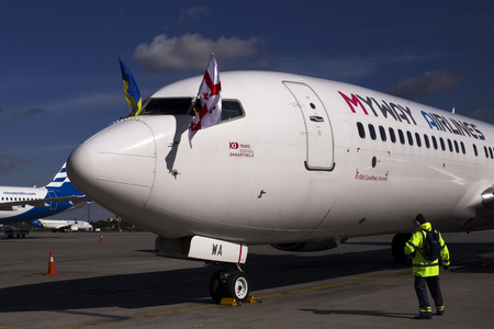 Borispol, Ukraine - October 05, 2018: Aircraft Boeing 737-800 aircraft on the parking areaのeditorial素材