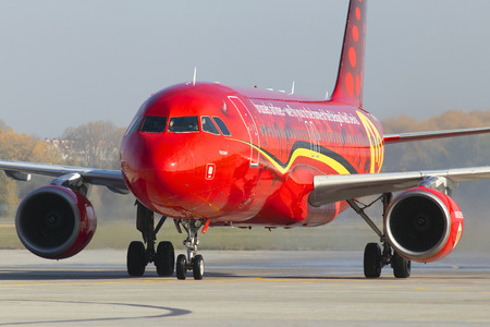Borispol, Ukraine - October 17, 2018: Brussels Airlines Airbus A320-200 aircraft meeting with water rainbowのeditorial素材