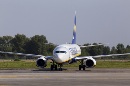 Borispol, Ukraine - September 03, 2018: EF-FZD Ryanair Boeing 737-800 aircraft running on the runway of Borispol International Airportのeditorial素材