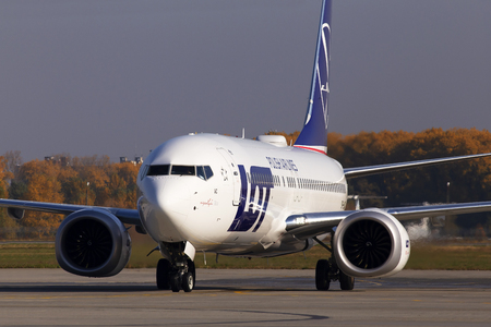 Borispol, Ukraine - October 17, 2018: SP-LVC LOT - Polish Airlines Boeing 737 MAX 8 aircraft running on the runway of Borispol International Airportのeditorial素材