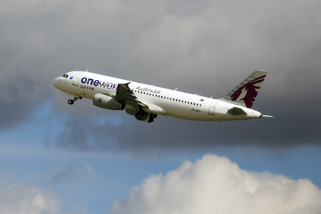 Borispol, Ukraine - October 05, 2018: A7-AHO Qatar Airways Airbus A320-200 aircraft on the cloudy sky backgroundのeditorial素材