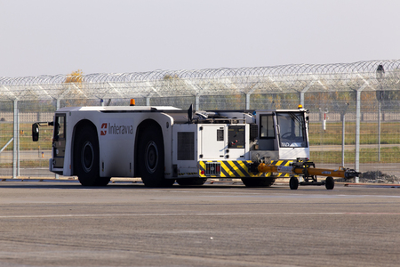 Borispol, Ukraine - October 17, 2018: TBL-180 Douglas pushback tractor at the Borispol International Airportのeditorial素材