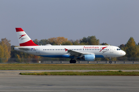 Borispol, Ukraine - October 17, 2018: Departing OE-LBM Austrian Airlines Airbus A320-200 aircraft from the Borispol International Airportのeditorial素材