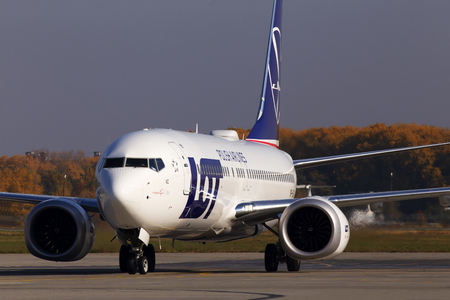 Borispol, Ukraine - October 17, 2018: SP-LVC LOT - Polish Airlines Boeing 737 MAX 8 aircraft running on the runway of Borispol International Airportのeditorial素材