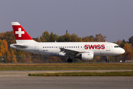 Borispol, Ukraine - October 17, 2018: Swiss International Airlines Airbus A320 aircraft running on the runway of Borispol International Airportのeditorial素材