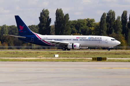 Borispol, Ukraine - October 05, 2018: MyWay Airlines Boeing 737-800 aircraft landing on the runway of Borispol International Airportのeditorial素材