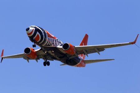 Borispol, Ukraine - May 18, 2019: UR-SQE SkyUp Airlines Boeing 737-700 aircraft on the blue sky backgroundのeditorial素材