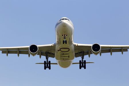 Borispol, Ukraine - May 18, 2019: A7-AEG Qatar Airways Airbus A330-300 aircraft on the blue sky backgroundのeditorial素材