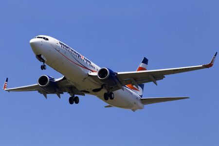 Borispol, Ukraine - May 18, 2019: OK-TVO Smart Wings Boeing 737-800 aircraft  on the blue sky backgroundのeditorial素材