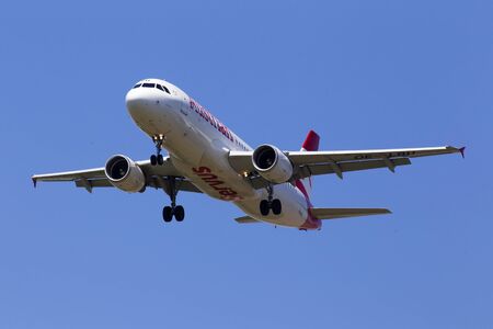 Borispol, Ukraine - May 18, 2019: OE-LBU Austrian Airlines Airbus A320-200 aircraft on the blue sky backgroundのeditorial素材