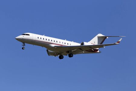 Borispol, Ukraine - May 26, 2018: T7-ATL Bombardier BD-700-1A10 Global Express business jet aircraft on the blue sky backgroundのeditorial素材