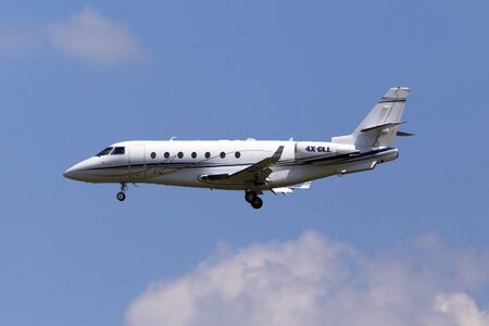 Borispol, Ukraine - May 25, 2018: 4X-CLL Israel Aircraft Industries Gulfstream G200 Galaxy business jet aircraft on the cloudy sky backgroundのeditorial素材