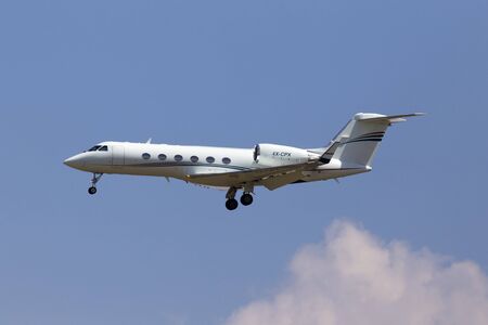 Borispol, Ukraine - May 25, 2018: 4X-CPX Gulfstream IVSP Arkia Israeli Airlines aircraft on the blue sky backgroundのeditorial素材
