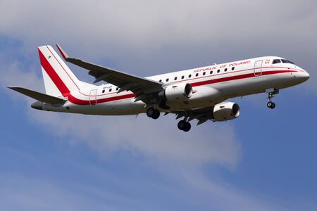 Borispol, Ukraine - June 07, 2019: SP-LIH Polish Government Embraer ERJ-175LR (ERJ-170-200 LR) aircraft on the cloudy sky backgroundのeditorial素材