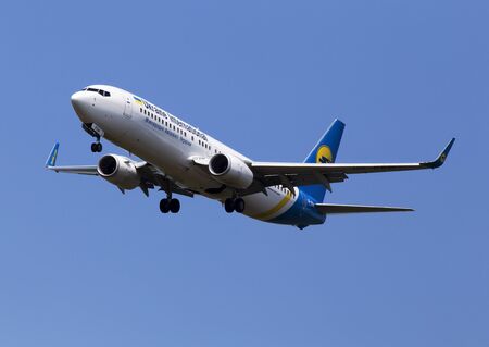 Borispol, Ukraine - June 07, 2019: UR-PSW Ukraine International Airlines Boeing 737-8KV(WL) aircraft on the blue sky backgroundのeditorial素材