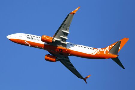 Borispol, Ukraine - June 21, 2019: UR-SQG SkyUp Airlines Boeing 737-8Z0(WL) aircraft on the blue sky backgroundのeditorial素材