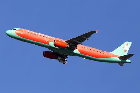 Borispol, Ukraine - June 21, 2019: UR-WRJ Wind Rose Aviation Airbus A321-231 aircraft on the blue sky backgroundのeditorial素材