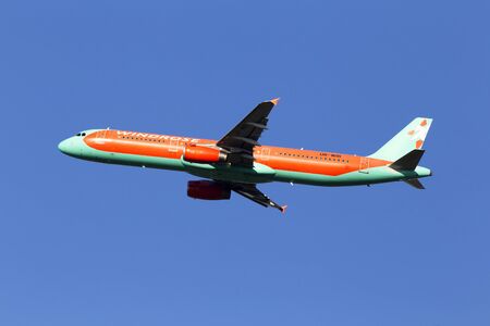 Borispol, Ukraine - June 21, 2019: UR-WRI Wind Rose Aviation Airbus A321-231 aircraft on the blue sky backgroundのeditorial素材