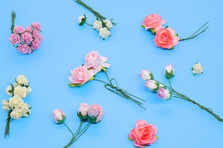 background small bouquets of rose flowers, flower composition. top view, flat lay, celebrationの写真素材