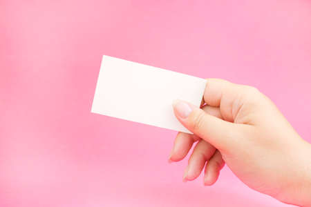 White business card sheet in hand on a pink background. A hand holds a business card. Business concept.の写真素材