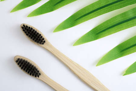 Bamboo toothbrushes on a white background next to a palm leaf. Personal hygiene concept, dentistry,...