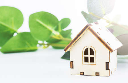 Wooden model of a house isolated on a white background with green leaves, in the rays of the sun. Copy spaceの写真素材