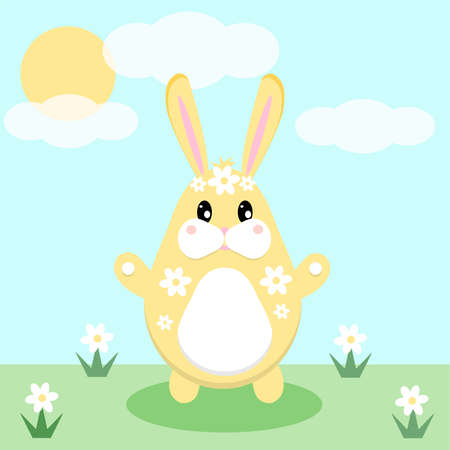 Easter background, postcard. Easter bunny in nature, in flowers, daisies. Vector illustration in a flat style.のイラスト素材
