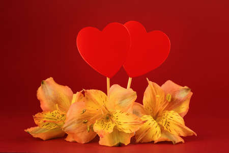 Valentine's day background. Composition of red hearts in flowers on a red background. Copy spaceの写真素材