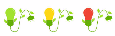 Red, yellow and green Eco-lamps with a wire and a socket, sprouted with leaves. The concept is energy saving, energy saving lamps, natural resources and ecology. Vector image. Bannerのイラスト素材