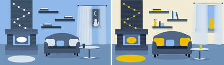 Collection of interiors. Living room with furniture day or night. Cozy interior with sofa and fireplace. Flat style vector illustration.のイラスト素材