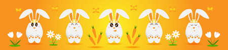 A collection of rabbits in the form of an egg with different emotions, on a yellow-orange background with butterflies, flowers and carrots. Easter concept. Vector illustration in a flat style.のイラスト素材