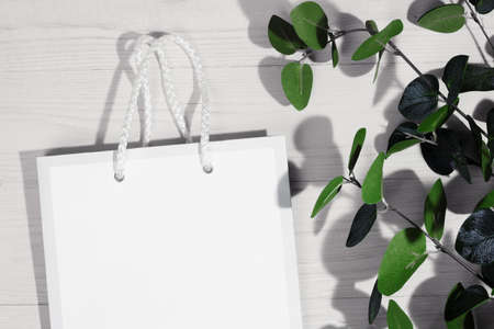 Product advertising background. White paper pocket bag on a wooden background with leaves and shadows. Top view. Copy space.の写真素材