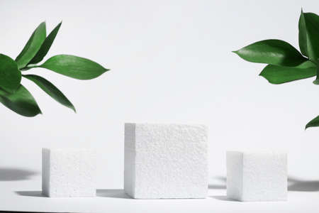 White porous cube, square podium with leaves and shadows on a white gray background. Conceptual scene, showcase for a new product, presentation, sale, advertisement, banner, cosmetics. With copy spaceの写真素材