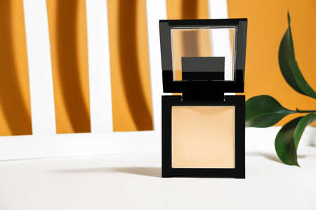 Cosmetic background. A mock-up of powder in an open black container on a white and beige background with a plant and harsh shadows. Geometric lines. Decorative or medical cosmetics for the face.の写真素材