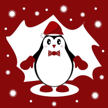Christmas penguin in a Santa Claus hat, on a red and white background with an iceberg floe and snowflakes. Winter postcard. Christmas or New Year background. Flat illustration of animals.のイラスト素材