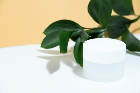 Empty white cosmetic jar on a white beige background in the rays of the sun, with green leaves, with harsh shadows from the reflection. Cosmetology or skin care concept. Autumn cosmetics. Copy spaceの写真素材