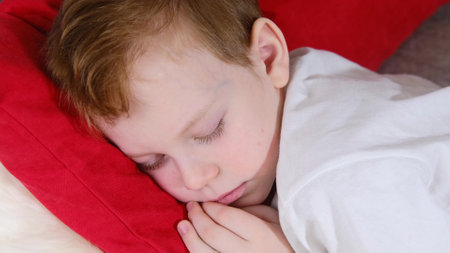 Valentine's Day kids. Cute little boy on Valentine's Day sleeps and smiles, dreams while hugging a red soft fluffy heart shaped pillow gift. close-up, portraitの写真素材