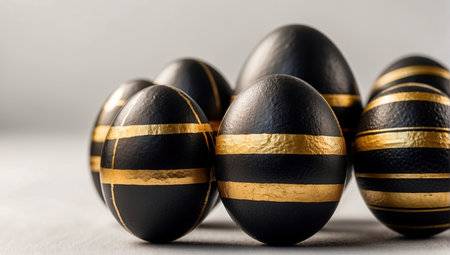 Easter black with gold lines beautiful eggs on a black background. Minimal Easter concept. Happy Easter cardの素材