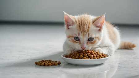 Happy domestic kitten eating kitten food from a white plate. Scandinavian style kitchen. Pet health and nutrition.の素材