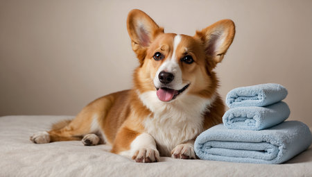 Happy sleepy dog relaxing and enjoying relaxing spa treatments in a luxury salon, enjoying maximum comfort and rejuvenation while lying on a white towel. High quality photo,の素材