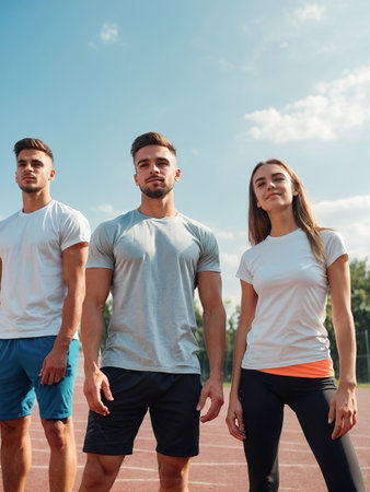 Athletic friends pose confidently on a track, embodying fitness and teamwork.の素材