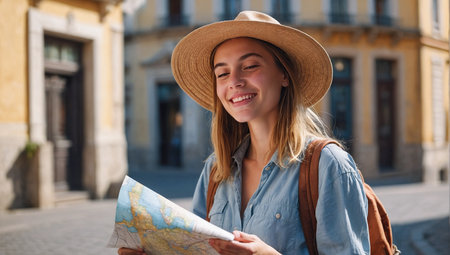 A cheerful young woman in a wide-brimmed hat and backpack smiles while holding a map in a European street.の素材