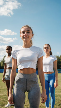 Women standing confidently on a field, embodying fitness and determination.の素材