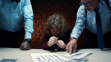 Aggressive police officers yelling at scared woman suspect during interrogationの写真素材