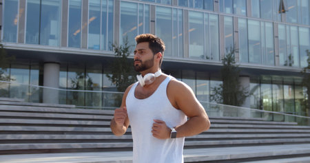 Indian athletic man jogging outdoors near business centerの写真素材